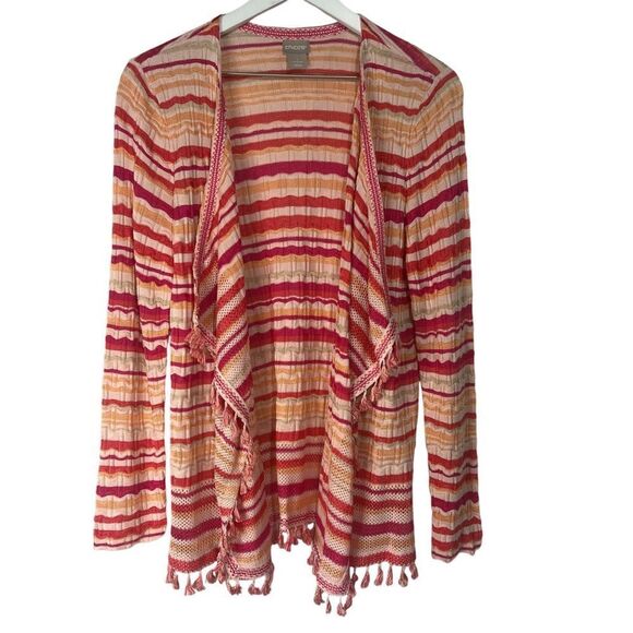 Chico’s Chevron Tassel Cardigan Sweater Womens Medium Pink Orange Open Front - Picture 1 of 7